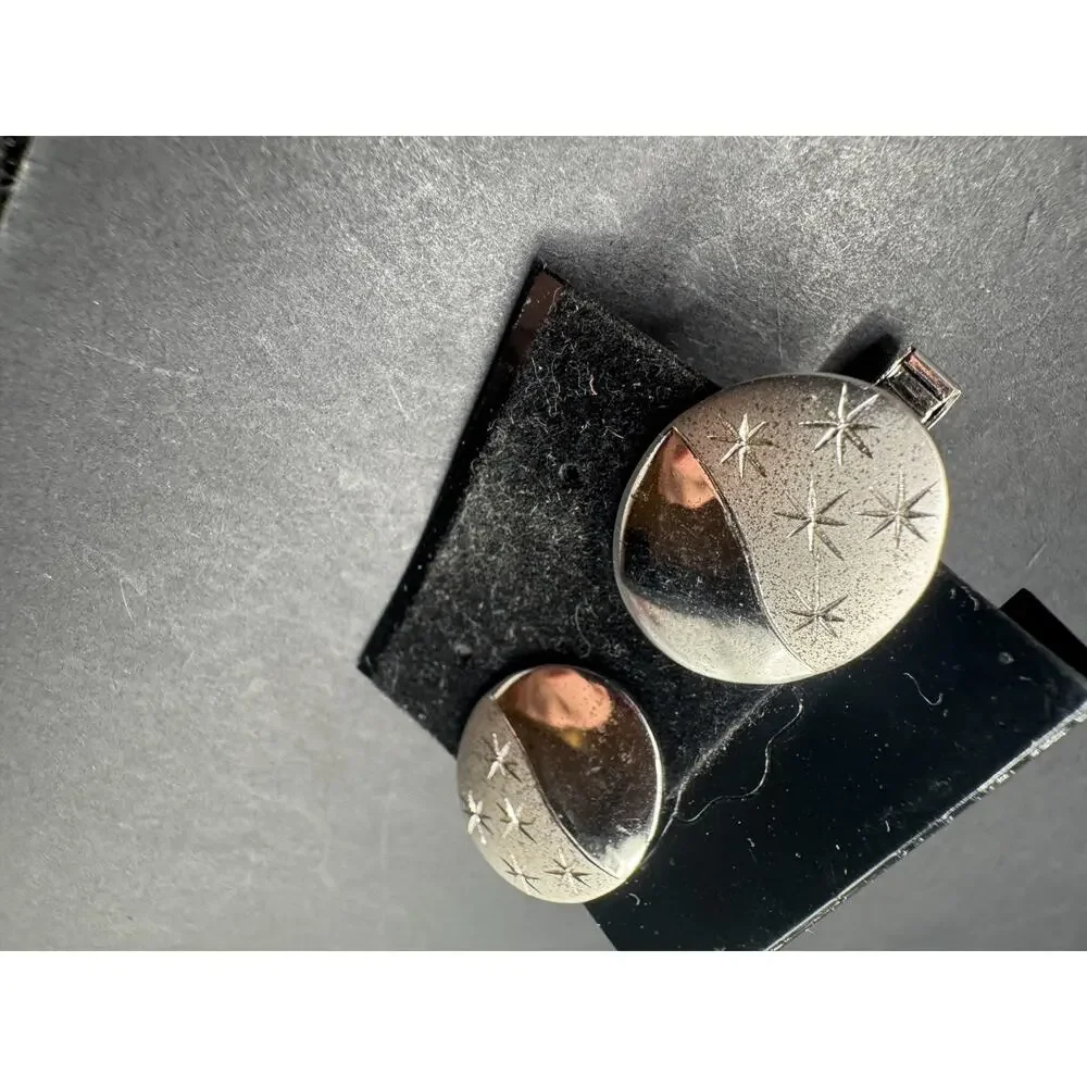 Vintage Signed 925 Sterling Silver Art Deco Etched Star Oval Cufflinks NOS